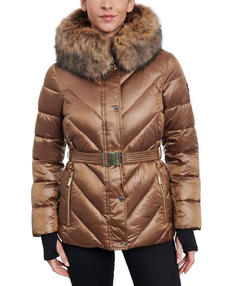 michael kors belted fox trim hood puffer coat|michael kors hooded faux fur trim quilted belted puffer coat.